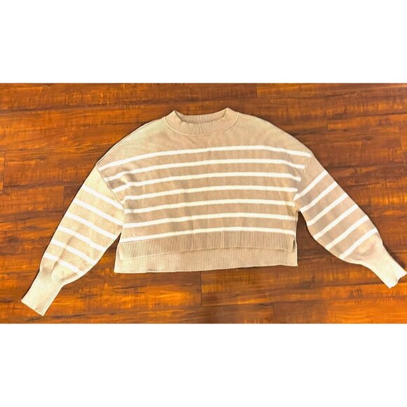 Merokeety Women Striped Tan-White Cropped Effortless Casualwear Belly Sweater M - Picture 6 of 8